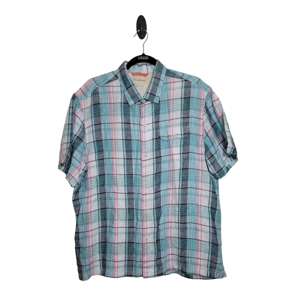 Tommy Bahama‎ Men's XL Island Modern Fit Linen Shirt Short Sleeve Plaid